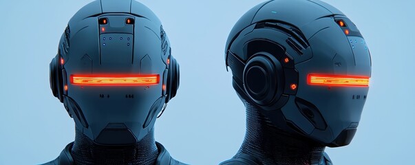 Poster - Smart Helmet technology smart features concept. A sleek, futuristic robotic head design featuring glowing red accents and a smooth, metallic finish.