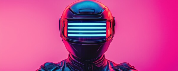 Poster - Smart Helmet technology smart features concept. A futuristic figure in a sleek helmet with neon stripes, set against a vibrant pink background, evoking a sci-fi aesthetic.