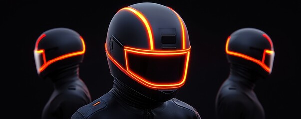 Poster - Smart Helmet technology smart features concept. Futuristic helmets with glowing accents in a dark setting, showcasing sleek design and modern technology.