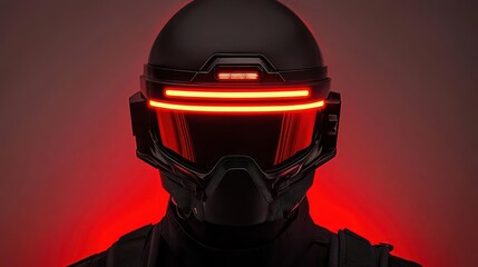 Poster - Smart Helmet technology smart features concept. A futuristic helmet with glowing red accents, set against a dark background, creates a striking, sci-fi aesthetic.