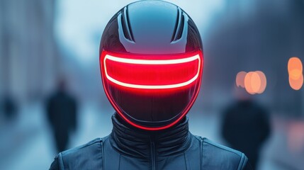 Poster - Smart Helmet technology smart features concept. A futuristic figure with a sleek helmet featuring red lights stands against a blurred urban backdrop, exuding a sense of mystery and technology.