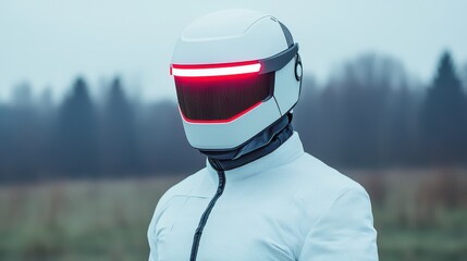 Poster - Smart Helmet technology smart features concept. A futuristic figure in a high-tech helmet stands in a misty landscape, blending technology with an enigmatic aura.
