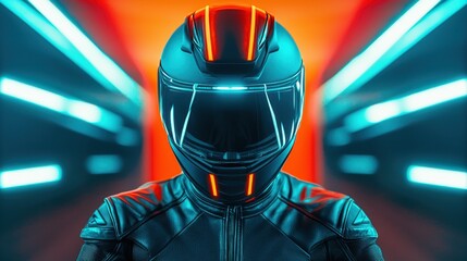 Poster - Smart Helmet technology smart features concept. A futuristic figure in a sleek helmet and suit, illuminated by vibrant neon lights, creates an intense and dynamic atmosphere.
