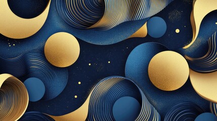 Poster - Abstract Blue and Gold Pattern with Waves and Circles Design