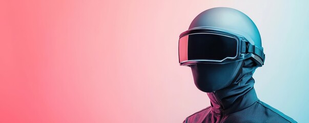 Poster - Smart Helmet technology smart features concept. A futuristic figure wearing a sleek helmet and visor against a gradient background, suggesting themes of technology and innovation.