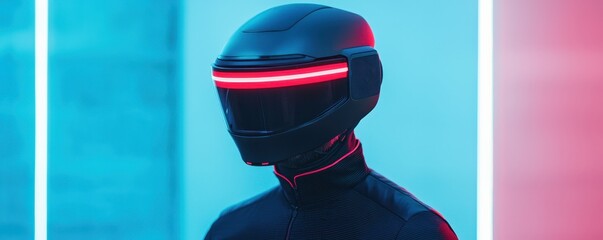Poster - Smart Helmet technology smart features concept. A futuristic figure in a sleek helmet with glowing red lines, set against a vibrant blue background, embodying a sci-fi aesthetic.