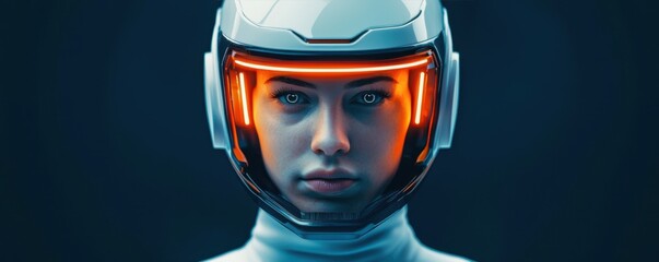 Poster - Smart Helmet technology smart features concept. A futuristic portrait of a person in a sleek, illuminated helmet, showcasing advanced technology and a mysterious expression against a dark background.