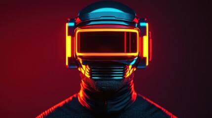 Poster - Smart Helmet technology smart features concept. A futuristic figure wearing a sleek helmet with glowing elements, set against a dark background, exuding a sci-fi aesthetic.