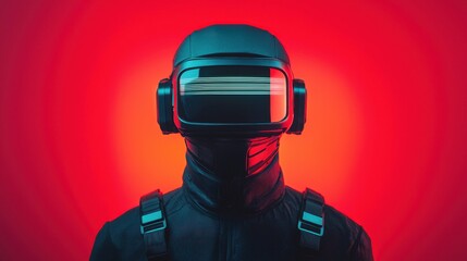 Poster - Smart Helmet technology smart features concept. A futuristic figure wearing a sleek helmet and headset stands against a vibrant red background, embodying a sci-fi aesthetic and advanced technology.
