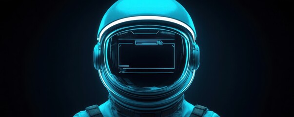 Poster - Smart Helmet technology smart features concept. A futuristic astronaut helmet with a glowing visor, set against a dark backdrop, evokes themes of space exploration and technology.
