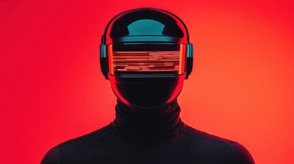 Poster - Smart Helmet technology smart features concept. A futuristic figure with a glossy black helmet and glowing red accents is set against a vibrant red background, evoking a sci-fi aesthetic.