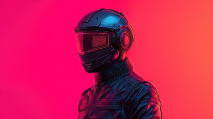 Poster - Smart Helmet technology smart features concept. A stylish figure in a sleek helmet and jacket, set against a vibrant pink and blue background, conveying a futuristic and bold aesthetic.