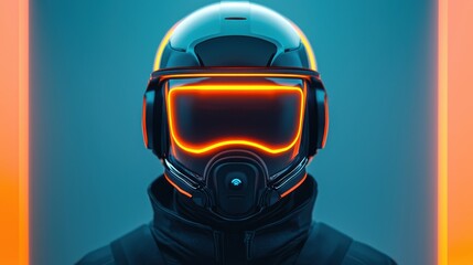 Poster - Smart Helmet technology smart features concept. A futuristic helmeted figure with glowing accents, embodying a sci-fi aesthetic in a vibrant, neon-lit environment.
