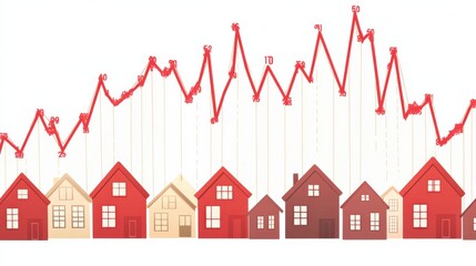 Poster - Colorful graph with red line showing trends above a row of stylized houses in various shades