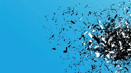 Poster - Dynamic Explosion of Music Notes Against Vibrant Blue Background