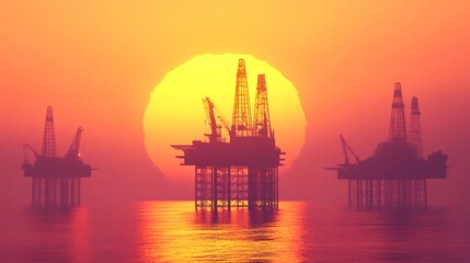 Aufkleber - Offshore oil rigs extracting petroleum at sunset creating a dramatic silhouette against the backdrop of a large setting sun, symbolizing the energy industry and its impact