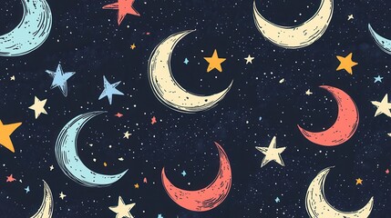 Wall Mural - celestial pattern with colorful moons and stars on dark background