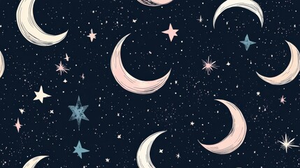 Poster - Dreamy Night Sky Pattern with Moons and Stars in Soft Pastel Colors