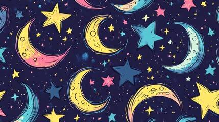 Wall Mural - colorful moon and star pattern on dark background for children’s design
