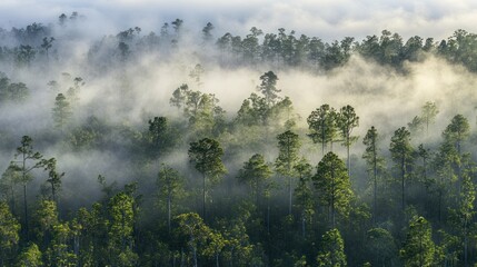 Wall Mural - Misty Morning in the Pine Forest: An Aerial View of Nature's Serene Embrace