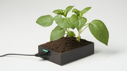 Poster - a small potted plant with fresh green leaves growing from soil, connected to a power source, symboli