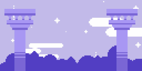Poster - Antique Roman Pillars with Glitter Sky and Bush, Pixel Art Purple Illustrated Banner Background
