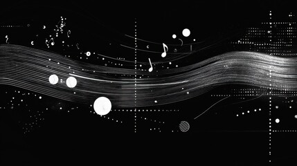 Poster - Abstract Musical Wave Design with Notes and Circles on Black Background