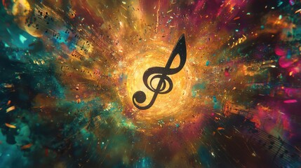 Poster - Musical Note Surrounded by Colorful Explosion of Energy and Light