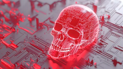 Poster - Digital skull outline encircled by intricate circuit patterns, symbolizing the fusion of technology and human anatomy, evoking a futuristic vision.