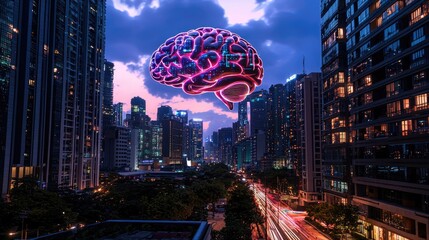 Poster - Futuristic Cityscape with Floating Neon Brain Above Urban Landscape