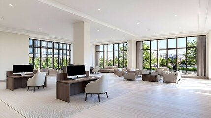 Poster - Contemporary Office Hub, A sleek workspace featuring modern computers, minimalist design, vibrant decor, fostering creativity and collaboration.