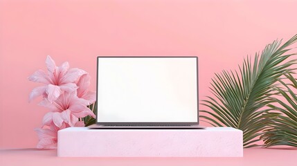 Poster - Sleek Laptop on Minimalist Desk, A modern laptop with a blank screen rests on a clean, stylish desk, inviting creativity and productivity.