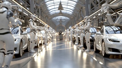 Poster - Futuristic Assembly Line with Robots and Sleek Electric Vehicles