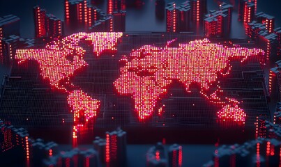 Poster - Glowing Digital World Map, a vibrant, illuminated representation of global connectivity, showcasing intricate patterns and vivid colors.