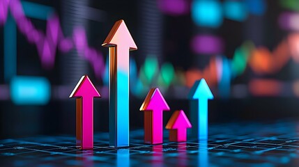 Poster - Dynamic upward arrows and graph lines in vibrant colors, symbolizing growth, progress, and data visualization trends in business analytics.