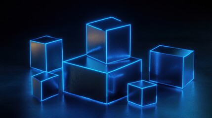 Poster - Glowing Blue Neon Cubes on Dark Background for Abstract Design