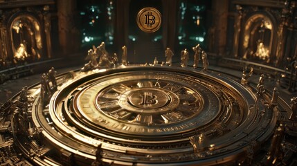 Poster - Golden Bitcoin Symbol Surrounded by Intricate Metallic Structures