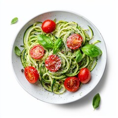 Wall Mural - Fresh Zucchini Noodles with Cherry Tomatoes and Basil Served in a White Bowl for Healthy Vegetarian Meal Preparation