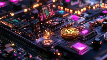 Poster - Golden Bitcoin Coin on Circuit Board with Colorful Lighting Effects