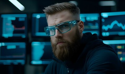 Poster - Determined Bear Trader, a focused individual analyzing market trends, surrounded by screens displaying fluctuating stock charts and graphs.