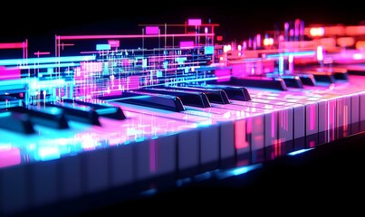 Poster - Melodic Harmony, an artistic composition featuring piano keys intertwined with musical notes, creating a vibrant celebration of sound and creativity.