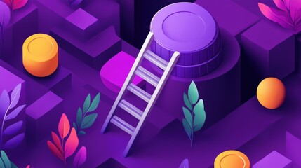 Poster - Vibrant abstract landscape featuring a ladder, colorful spheres, and lush foliage in a surreal setting