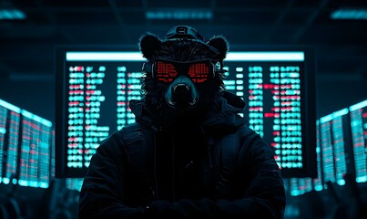 Poster - Bear Trader Contemplating Market Trends, a solitary figure stands against a backdrop of fluctuating stock charts, embodying the essence of financial strategy.