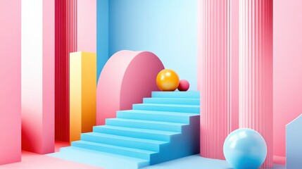 Poster - Colorful geometric shapes and stairs in a vibrant abstract setting with playful spheres