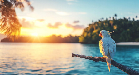Poster - A vibrant parrot perches on a branch as the sun sets over a tranquil tropical landscape. The warm hues of sunset reflect on the calm water, creating a serene vacation atmosphere in paradise.