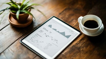 Poster - Tablet displaying data analytics on wooden table with coffee and plant in cozy setting