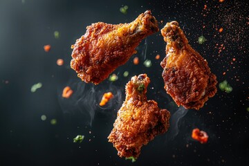 Wall Mural - Fried chicken flying in the air on a dark background with splashes