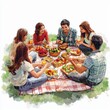 © Klnpherch - Outdoor Picnic Gathering with Friends Enjoying Food and Laughter in a Lush Green Park Setting