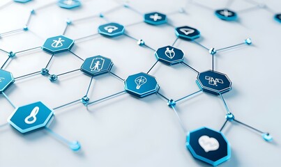 Poster - Abstract medical icons arranged in a hexagonal pattern, featuring a blue color scheme, designed for healthcare and technology themes.
