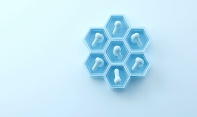 Poster - Abstract medical icons arranged in a hexagonal pattern, vibrant blue background, modern design elements, visually engaging healthcare concept.